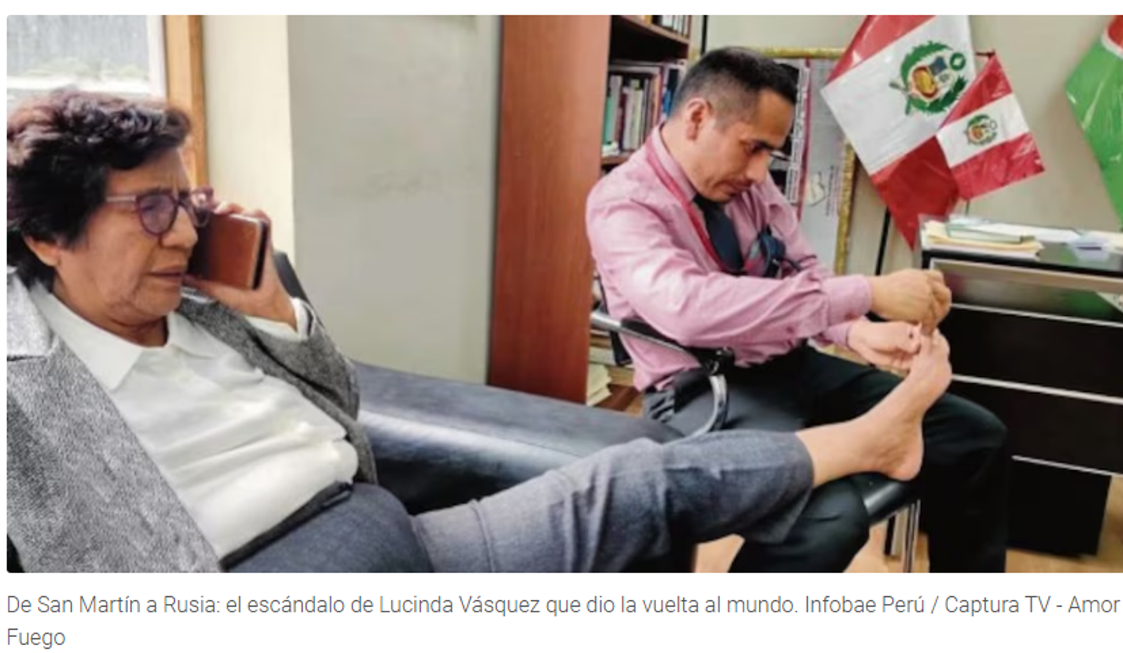 祕魯聖馬丁省國會議員盧辛達.巴斯克斯(Lucinda Vásquez)在辦公室要求助理幫忙剪腳指甲引起眾怒。圖/翻攝自Infobae