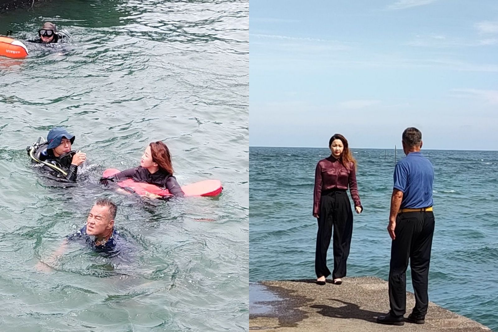 龍天翔（右一）跟賴慧如（右二）敬業完成落水戲。民視提供