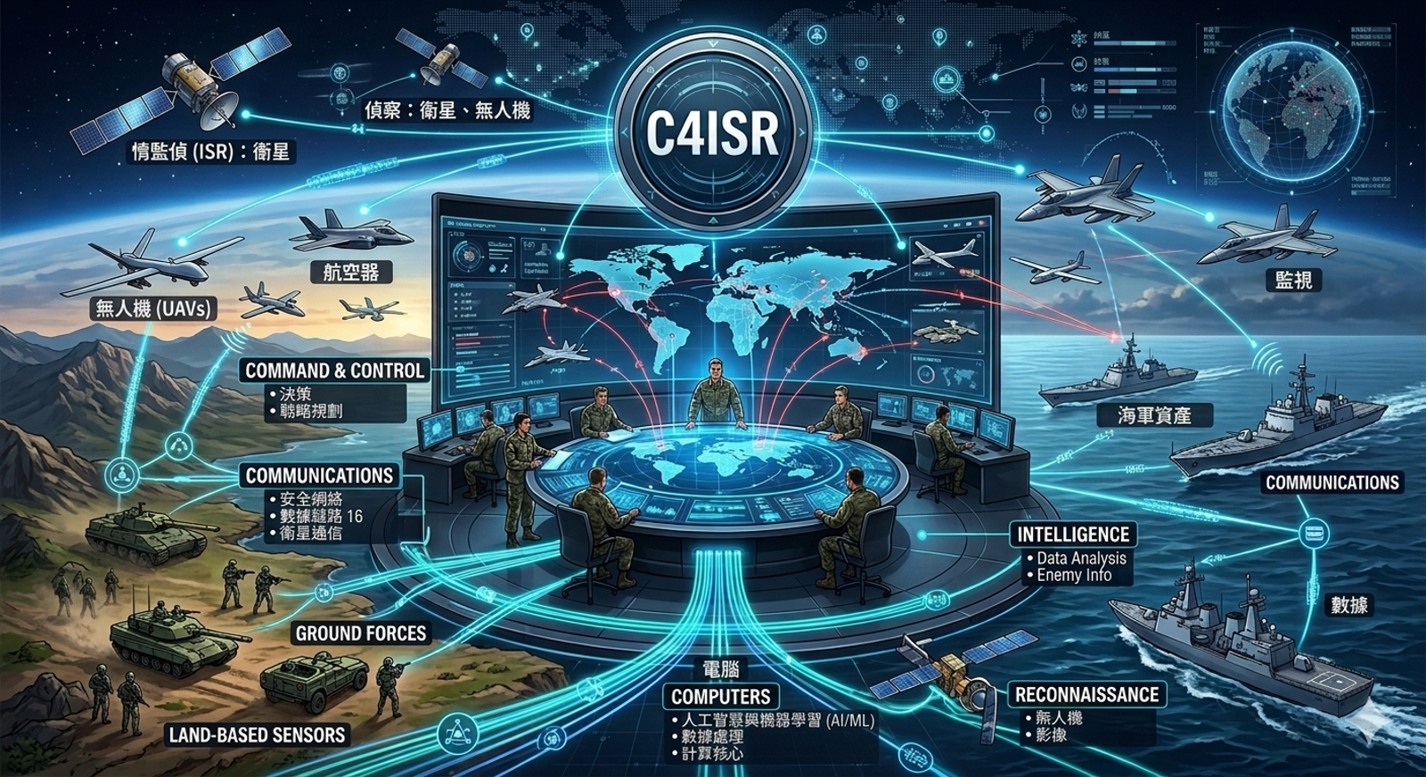 現代聯合作戰高度依賴C4ISR體系。AI生成示意圖