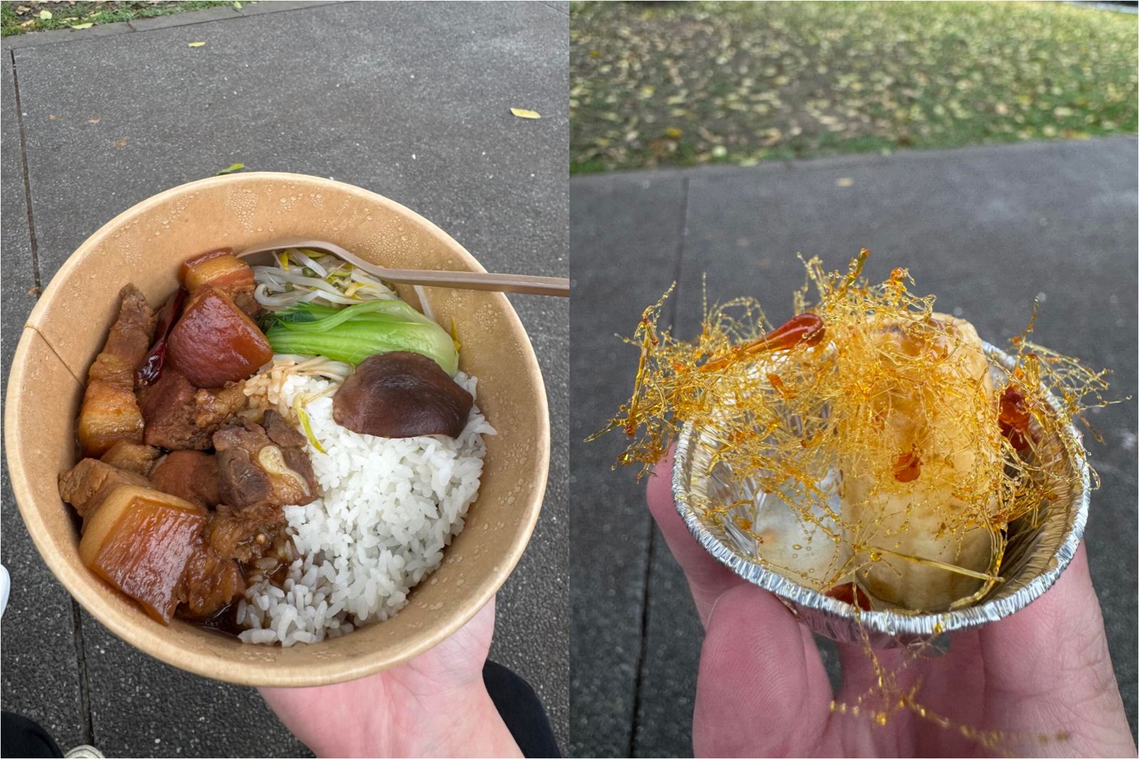 民眾買一份紅燒肉蓋飯及拔絲香蕉要價1千元。圖／翻攝自Threads@junting_12