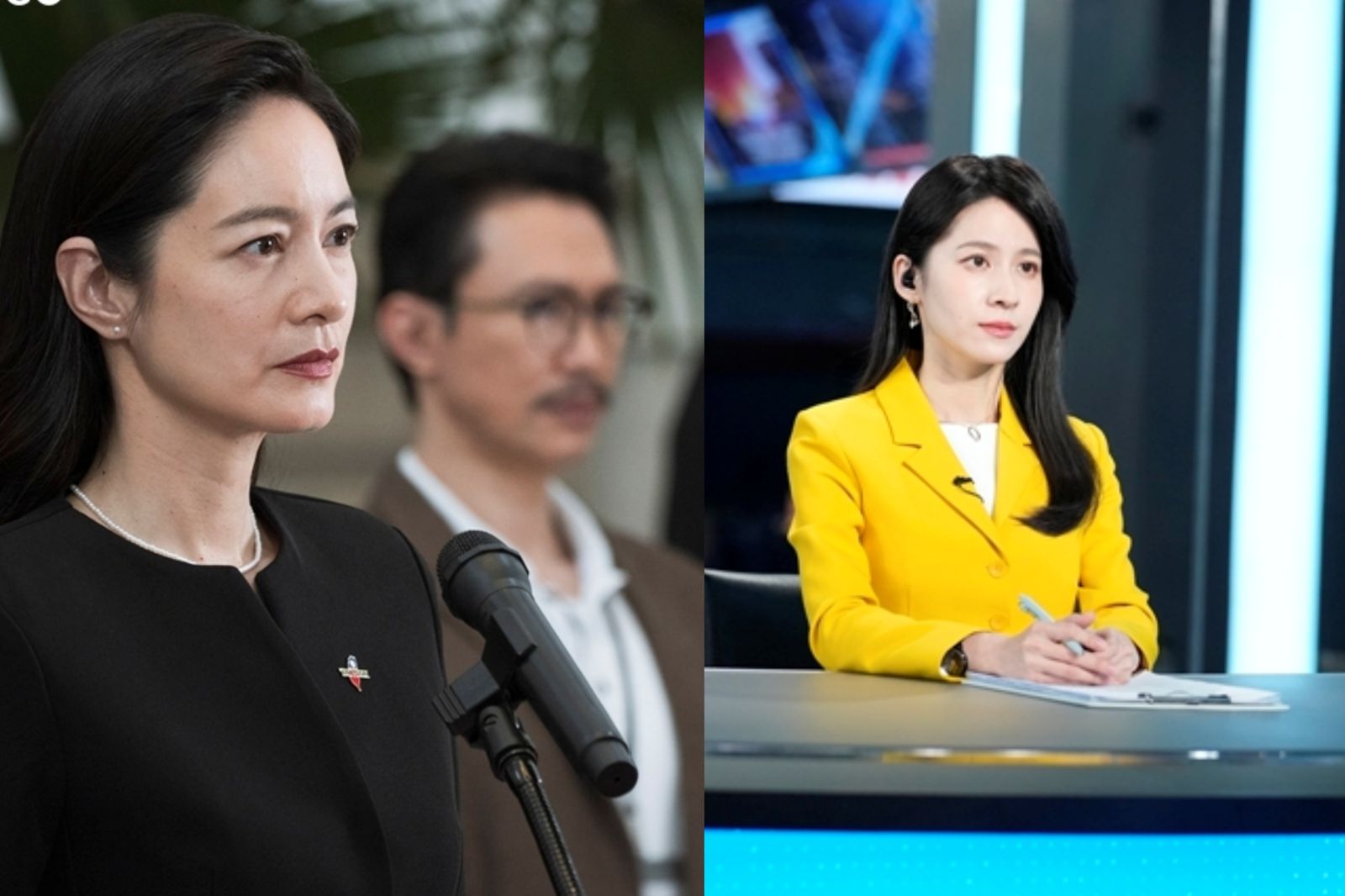 Janet（左）、連俞涵（右）分別在《零日攻擊》中扮演總統與主播。MyVideo提供