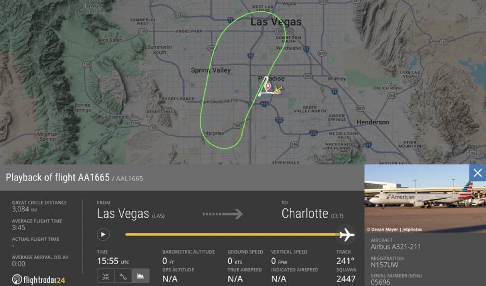 美航AA1665航班返回哈利瑞德國際機場。圖/翻攝自flightaware