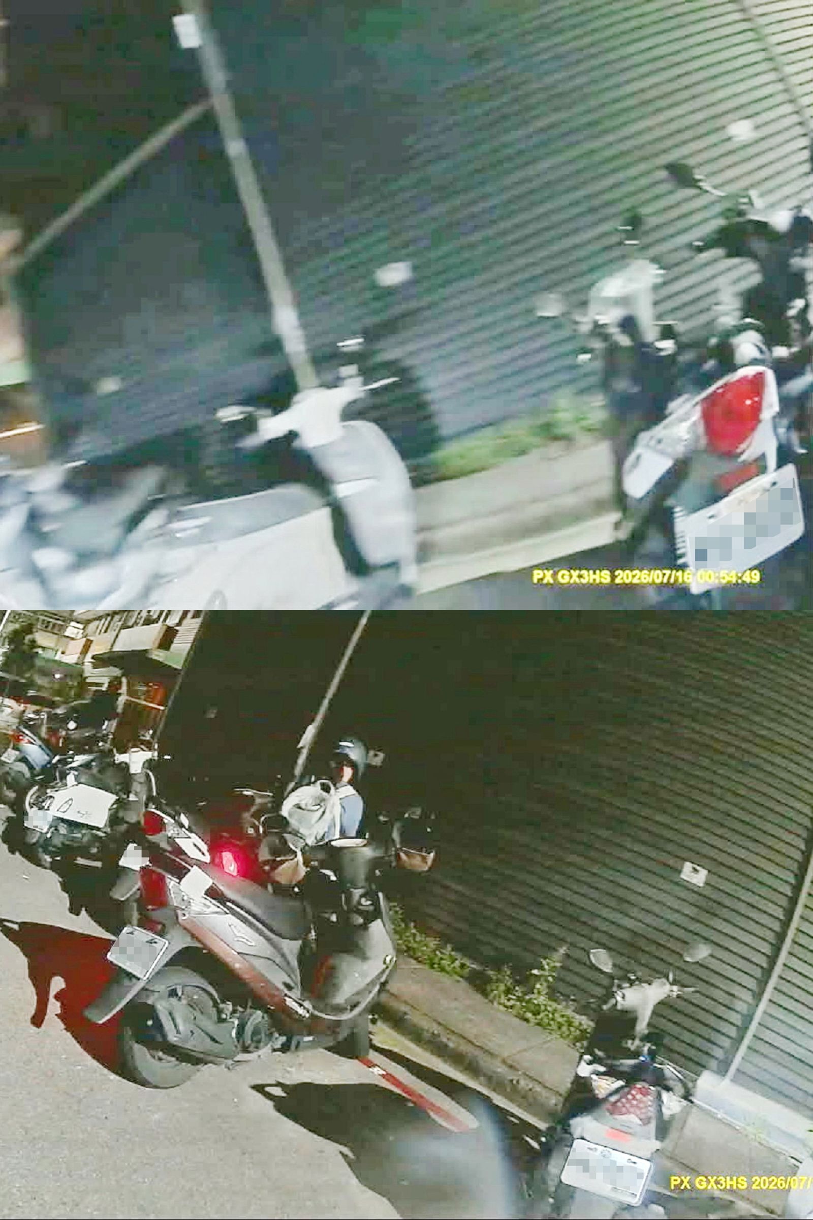 民眾調出自己的機車行車紀錄器畫面佐證,停車當時的路面(上圖)並未劃設紅線,同天晚上多了新劃的紅線(下圖)。畫面翻攝threads kuo_c.y