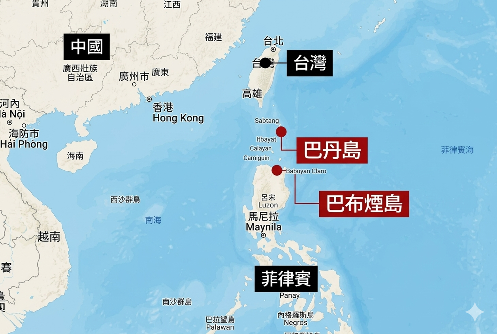 台灣、中國與菲律賓及菲律賓巴丹島的地理位置關係圖。本報製圖