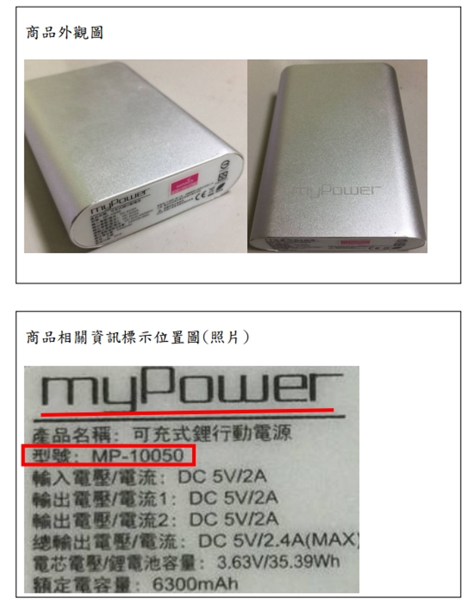天宇工業行動電源MP-10050商品回收、召回。圖／標檢局