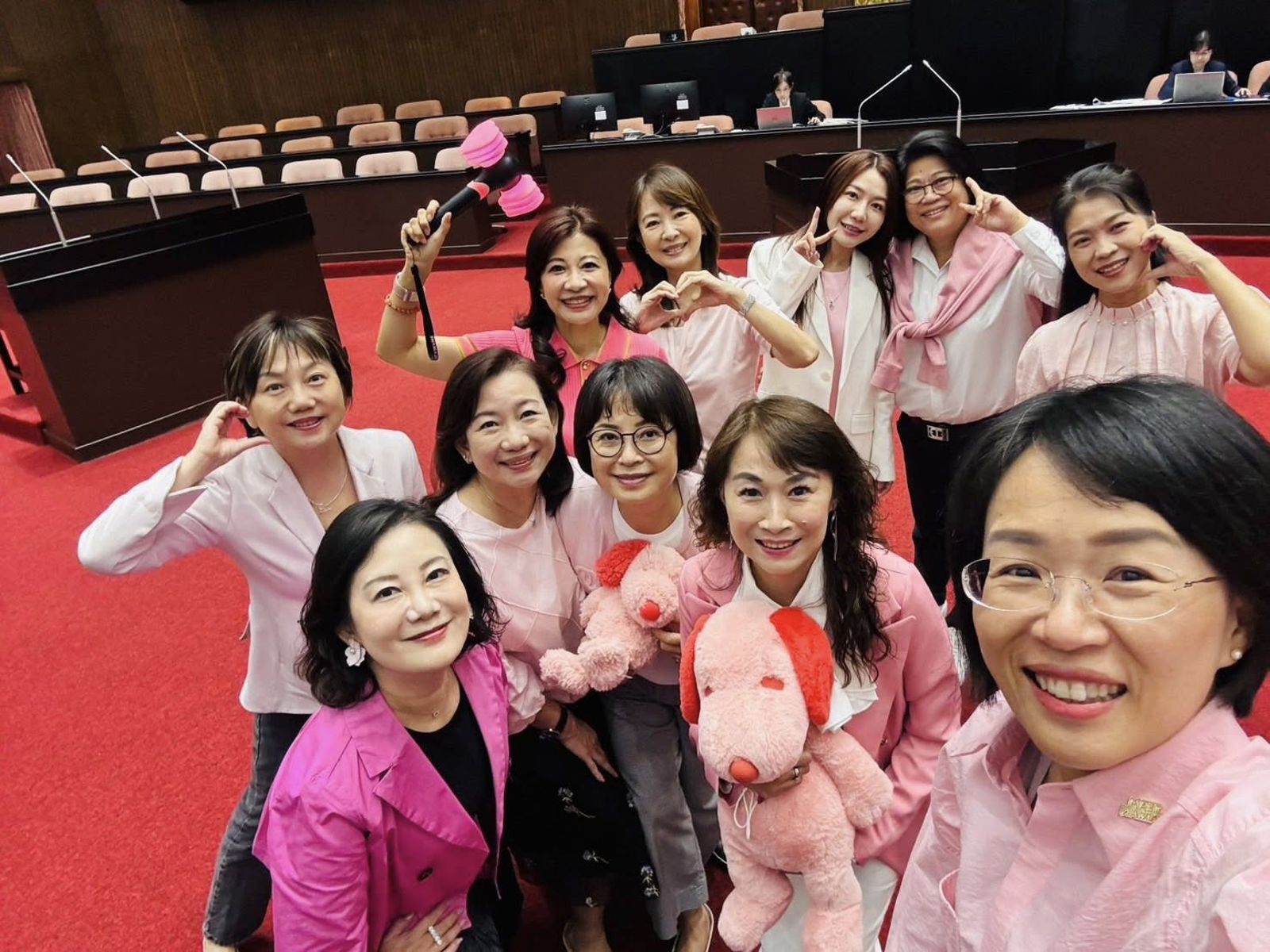 為迎接韓國女團BLACKPINK週末到高雄開唱，民進黨立委今天都穿粉紅色衣服，開心合照。（圖／翻攝林楚茵臉書）