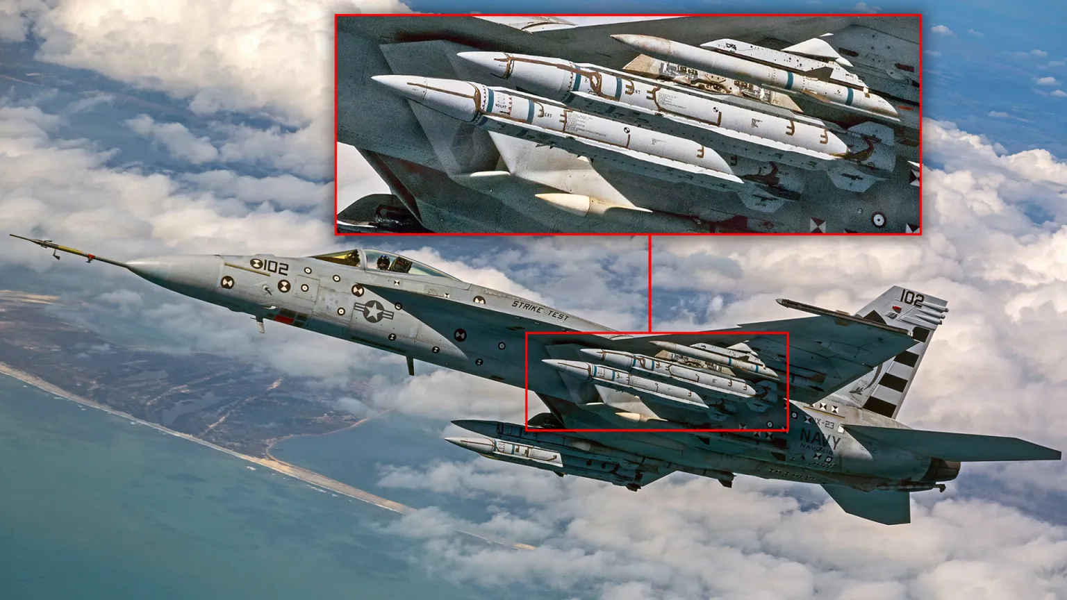 2026年8月美國海軍首度公開AIM-424遠程空對空飛彈，釋出照片顯示，今年4月，一架超級大黃蜂，已掛載四枚AIM-424進行測試。圖／美國海軍