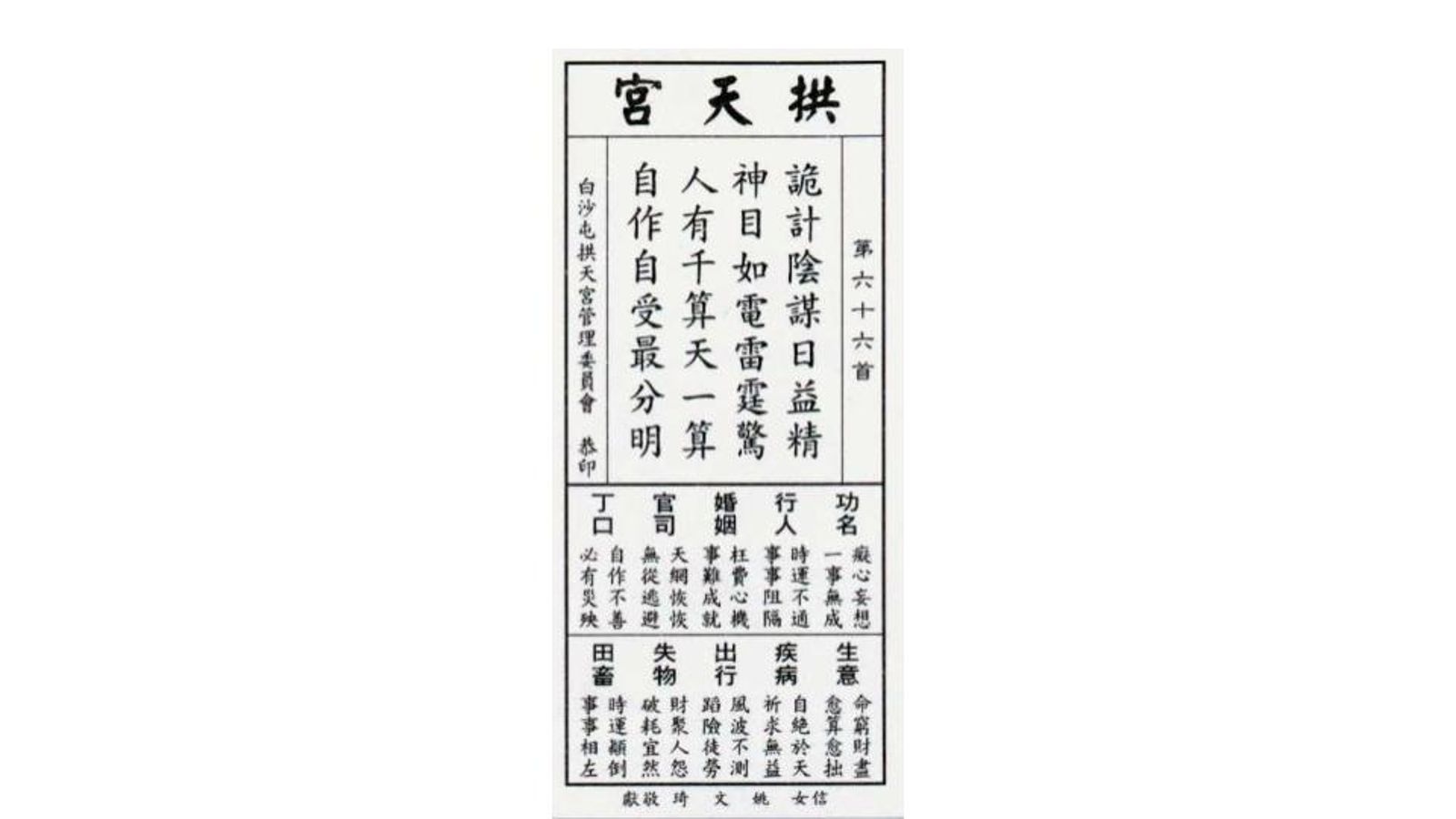 白沙屯拱天宮媽祖第66首籤詩。圖／翻攝自白沙屯拱天宮臉書