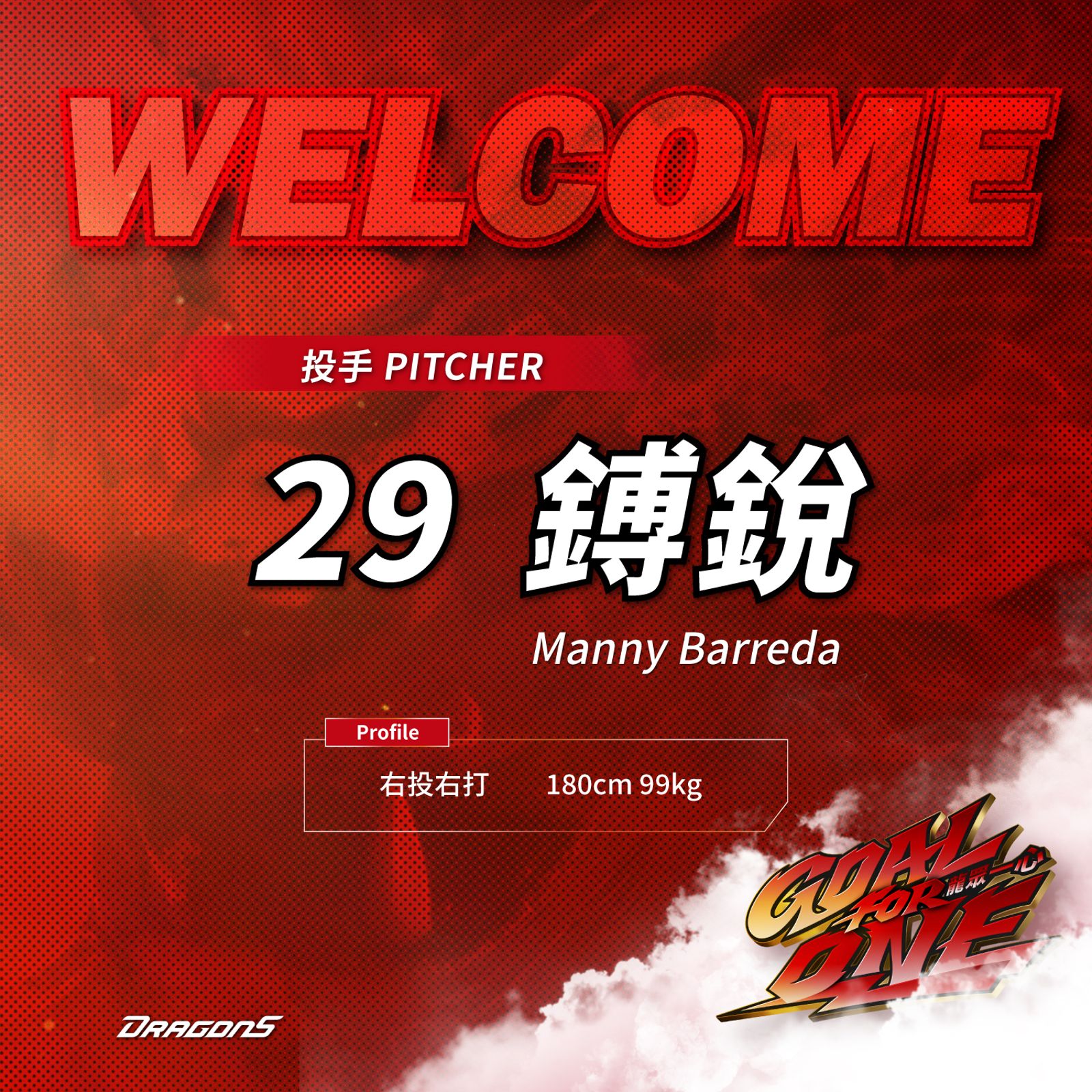 味全龍球團今日宣布，美國籍右投鎛銳（Manny Barreda）正式加盟，並已完成體檢，確定加入本季戰力行列。圖／味全龍提供