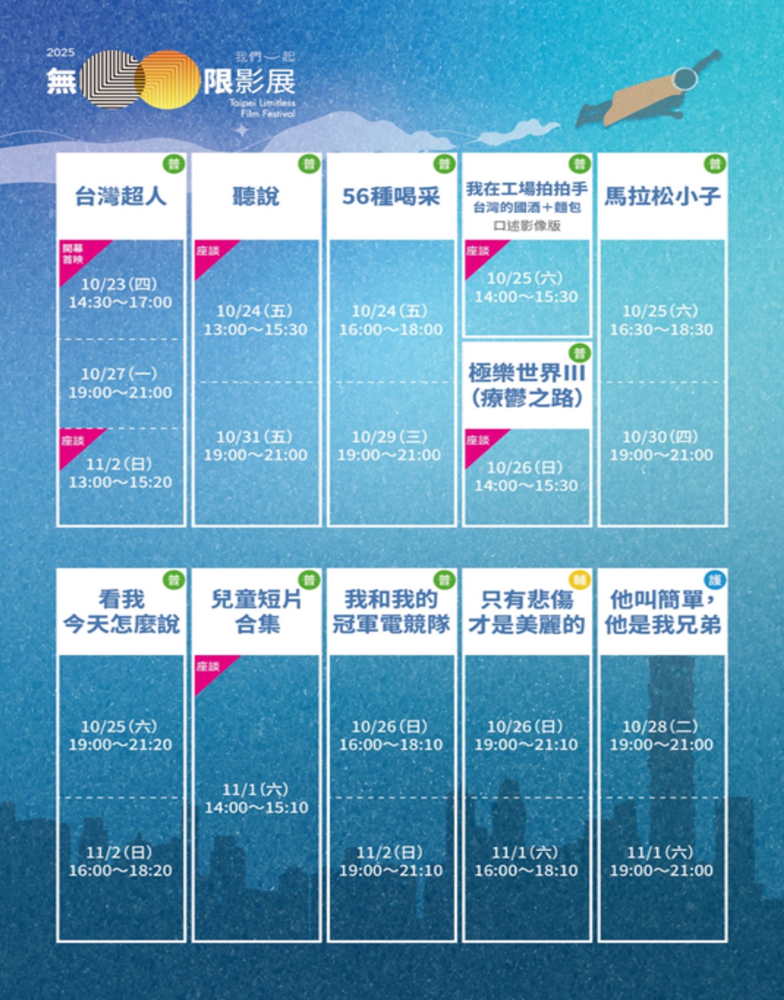 《2025無限影展》場次表。公視、台北市勞動力重建運用處提供