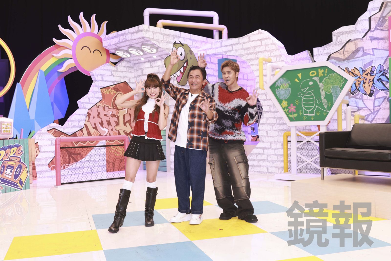 何美（左起）、吳宗憲、羅志祥在《綜藝ok啦》棚內接受訪問。劉耀匀攝