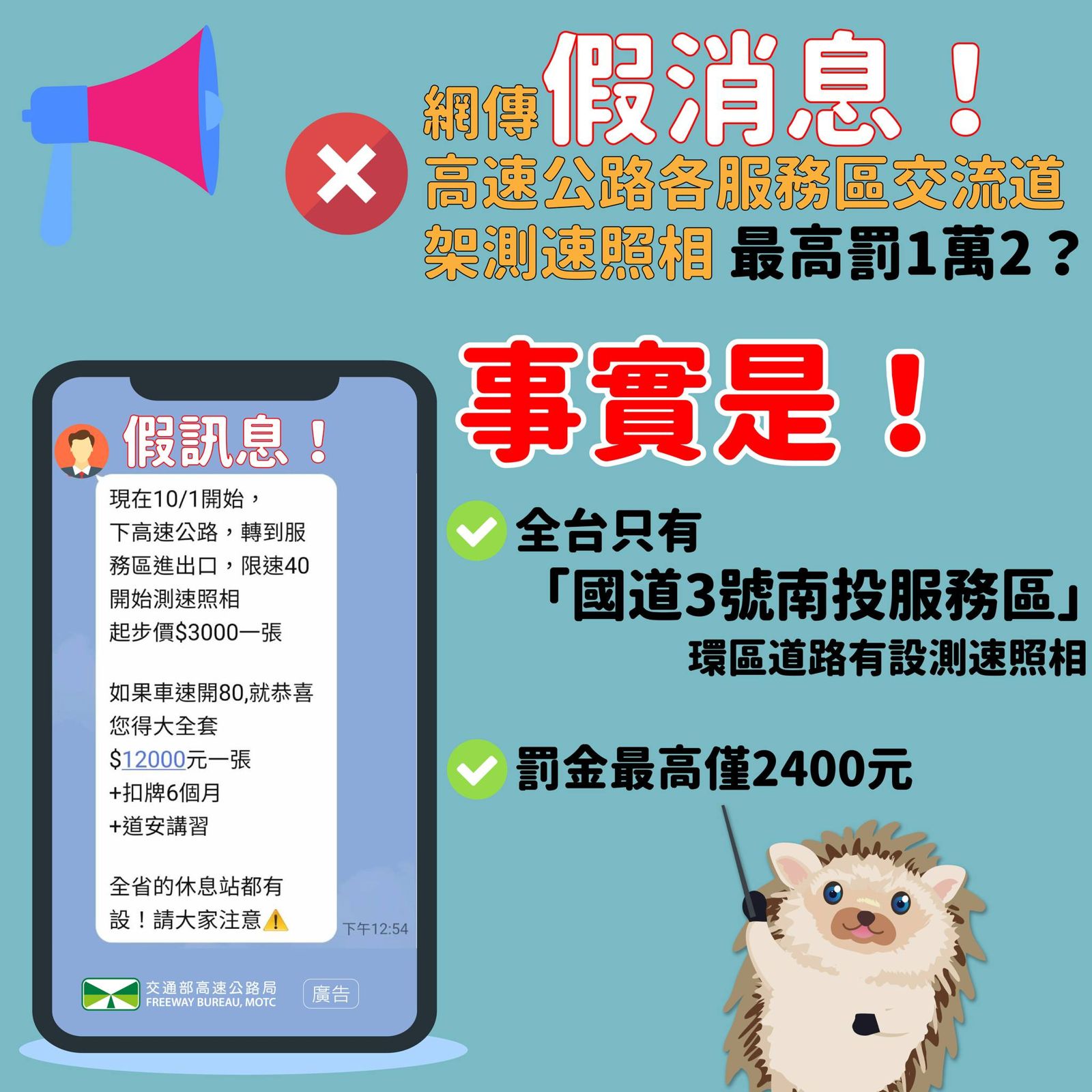 近期社群流傳「10/1起服務區限速照相罰12,000元+扣牌」消息,遭高公局打臉。圖/高速公路局