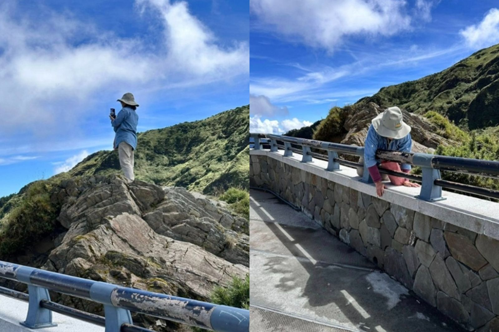 合歡山上一位大媽無視圍欄，跨越到岩石上拍照。圖／翻攝自爆料公社