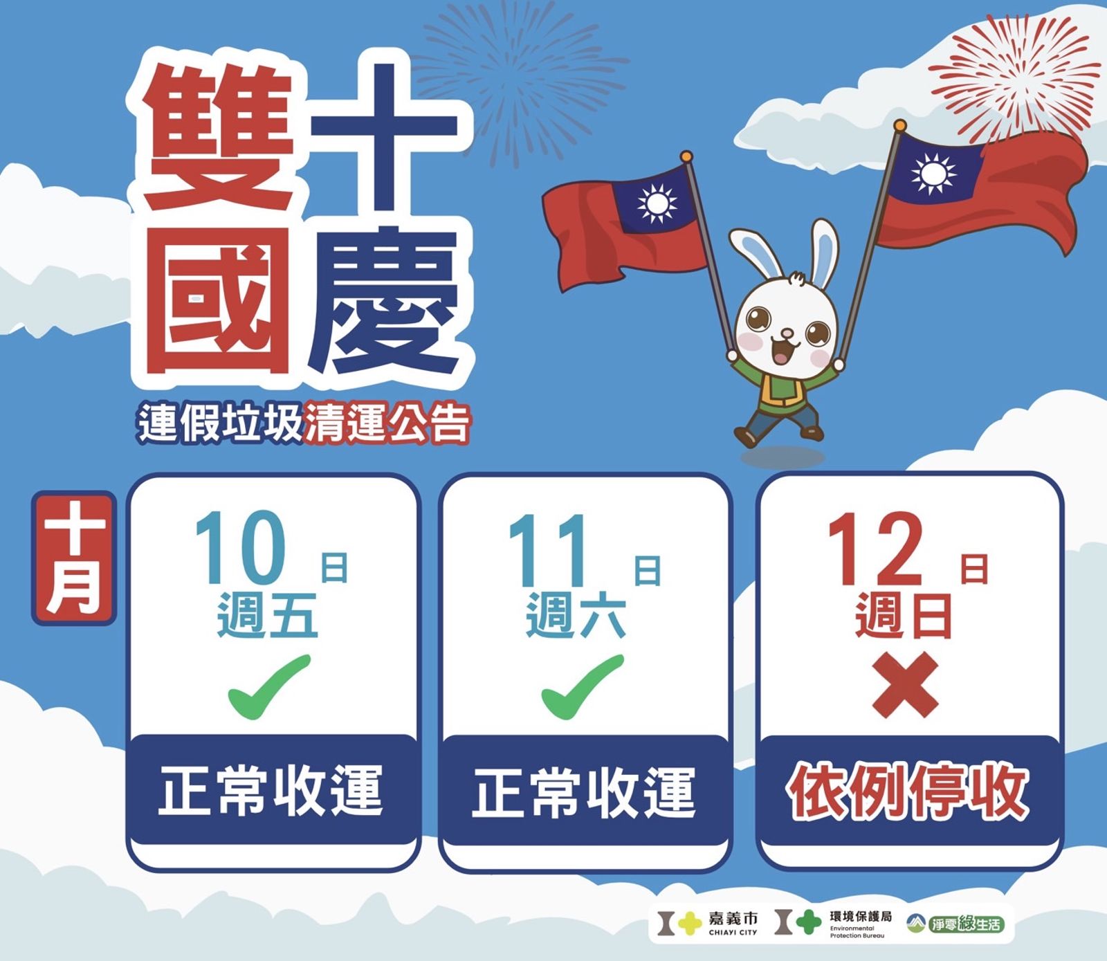 嘉義市公布雙十連假垃圾清運時間。圖/翻攝自嘉義市政府環保局臉書
