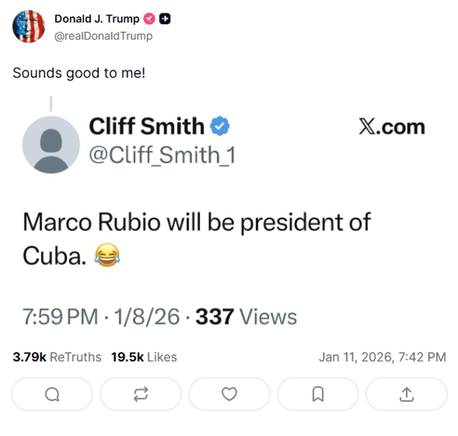 一名網友在「Truth Social」開玩笑說，若古巴政府垮台，盧比歐或許會成為該國領導人。圖／翻攝自Truth Social