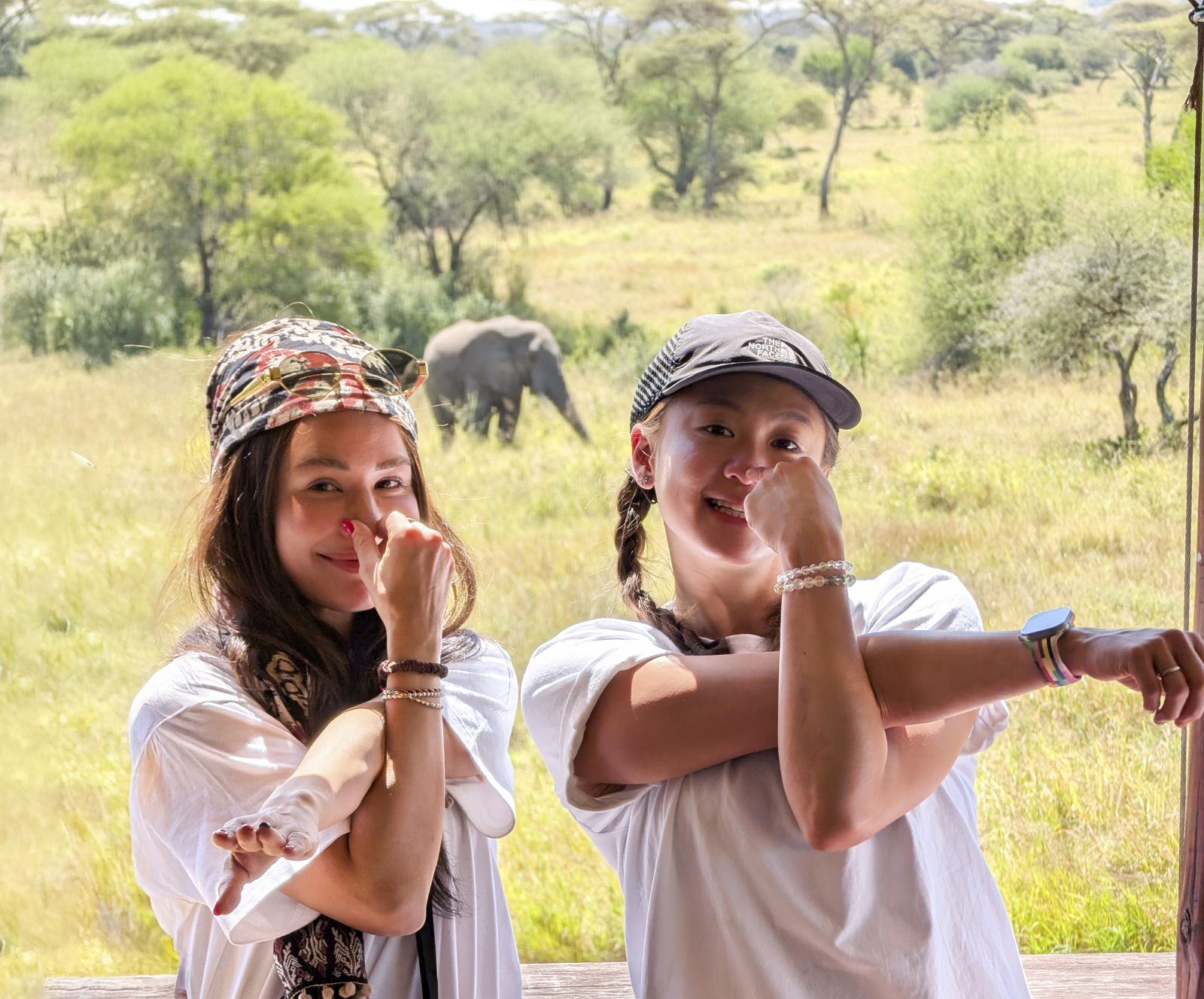 雷艾美(左)與獅子、獵豹、鬣狗比鄰而居,帳篷夜晚驚魂不斷。三立提供