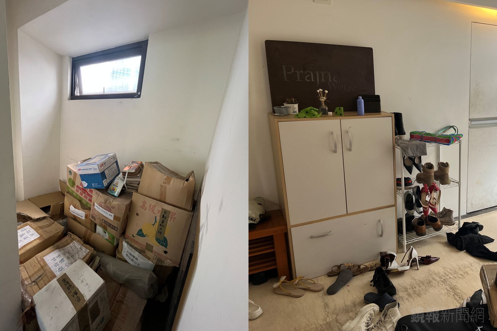 蔡岳勳出售的華廈內連樓梯間也堆放大量資料，門口仍擺放「普拉嘉」招牌。讀者提供