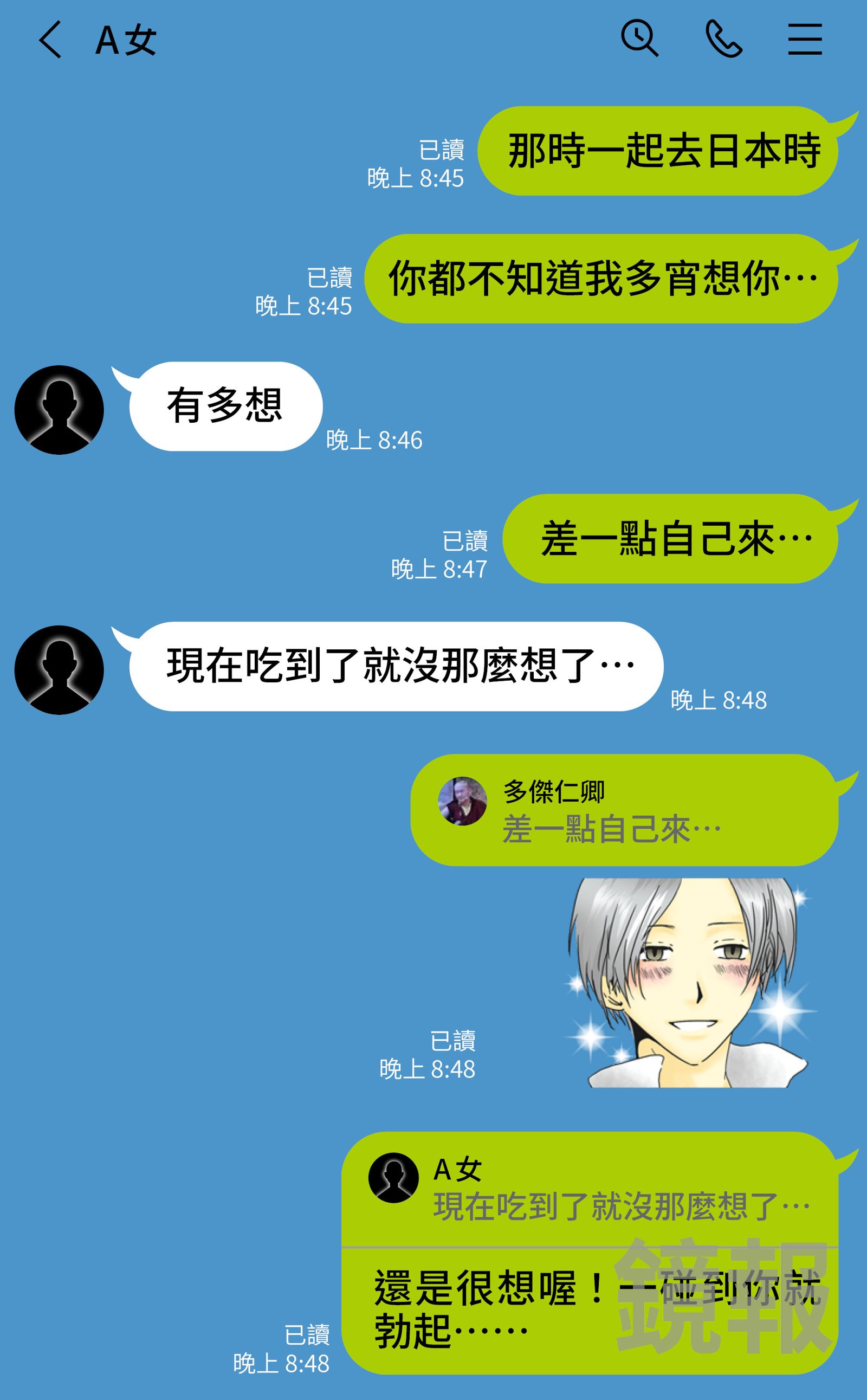 多傑仁卿在與信眾A女的對話中，露骨表示「一碰到你就勃起」。（示意圖，對話重製）