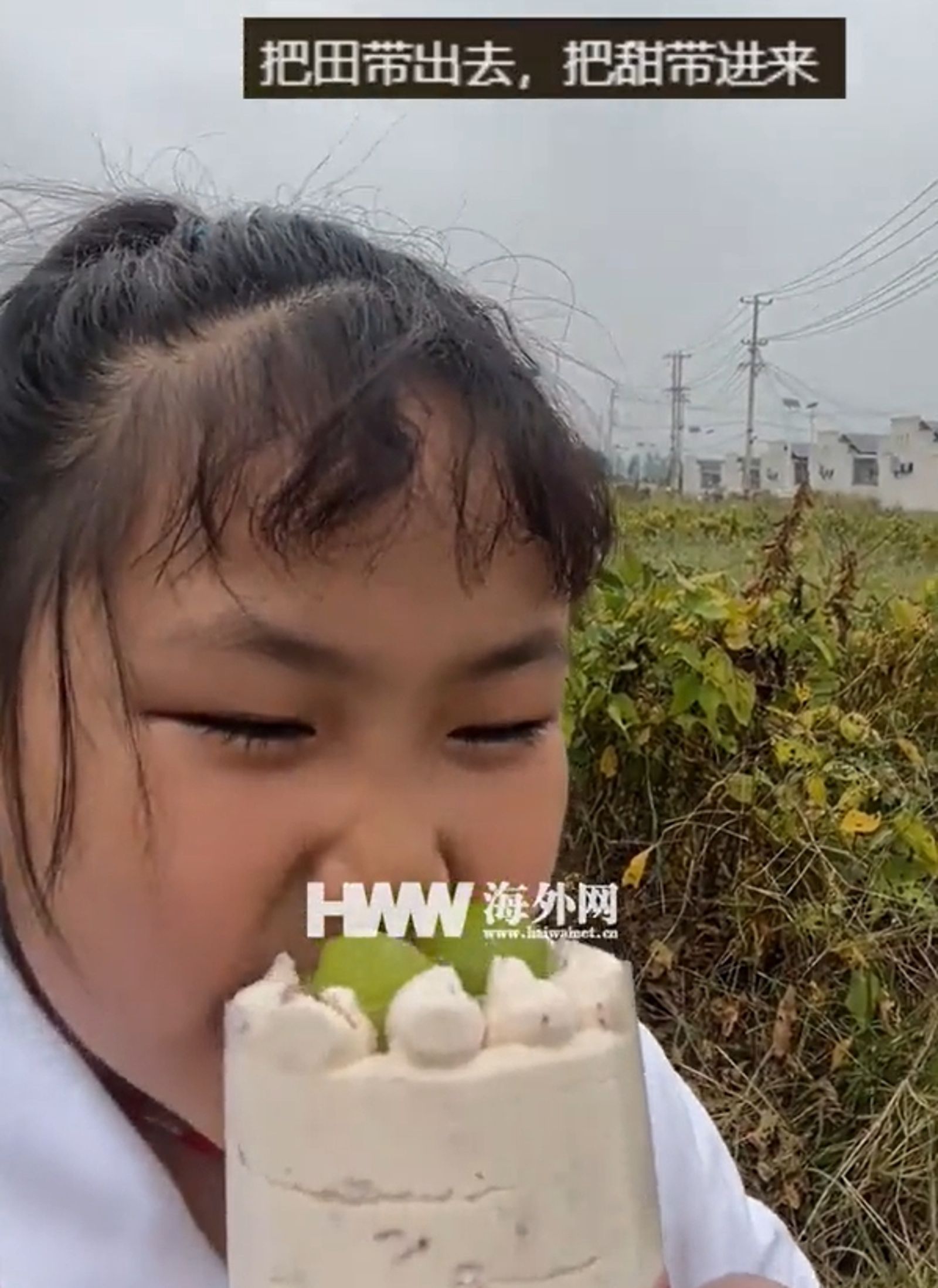 小女孩在農田裡吃蛋糕的影片爆紅。圖／翻攝海外網