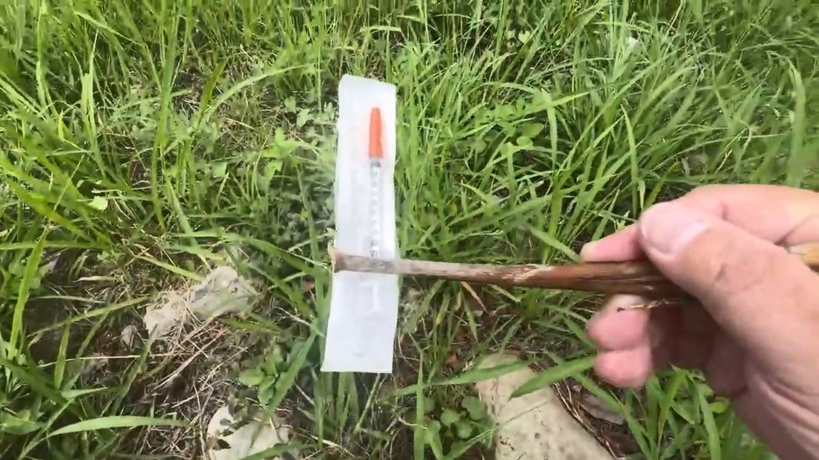 記者到場查訪，路旁草叢隨處可見針筒散落，民眾公共安全陷入危機。民眾提供