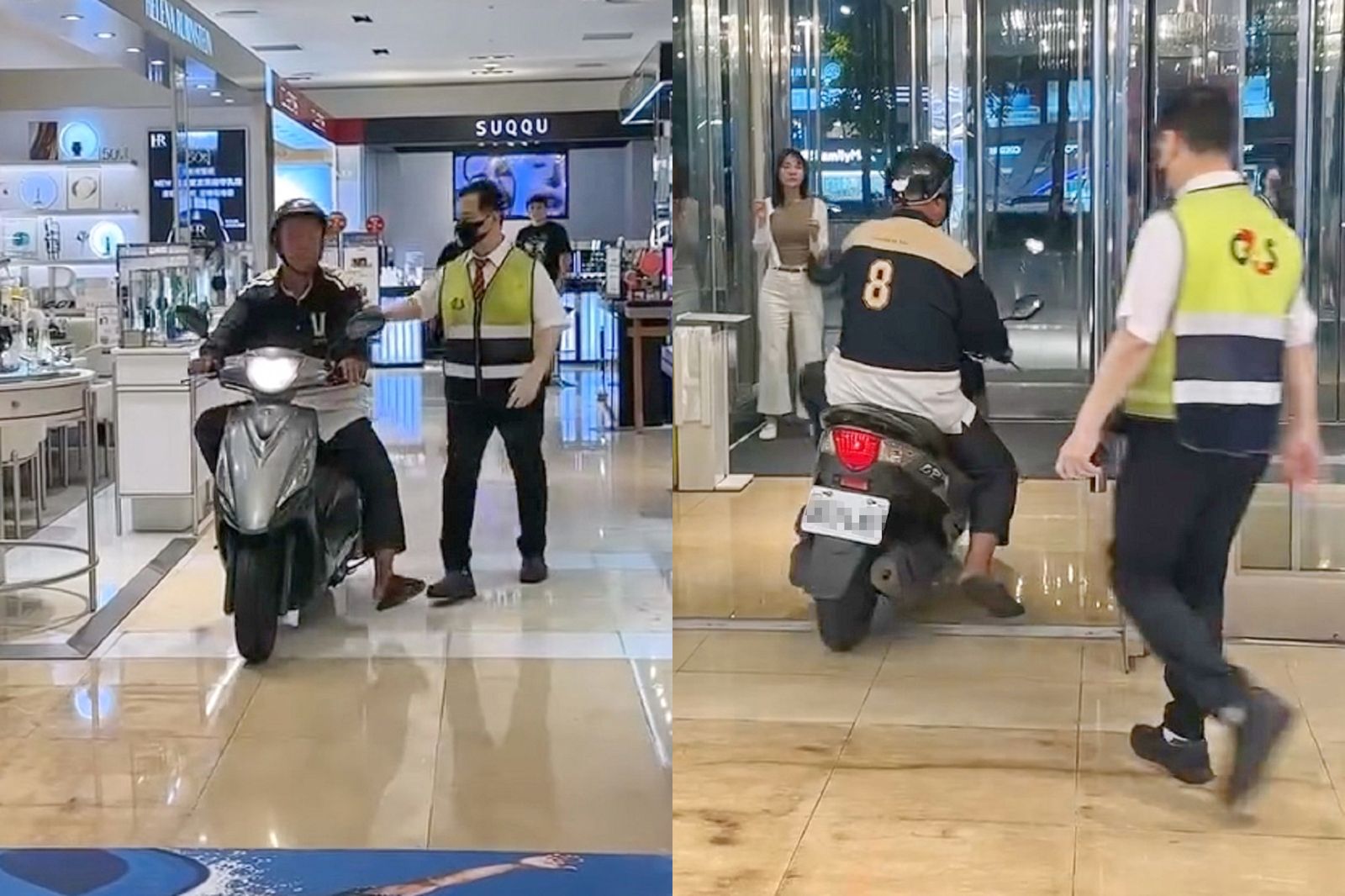 台中新光三越驚見「騎機車逛百貨」!阿伯闖入妝品區跑給保全追 櫃姐全看傻眼