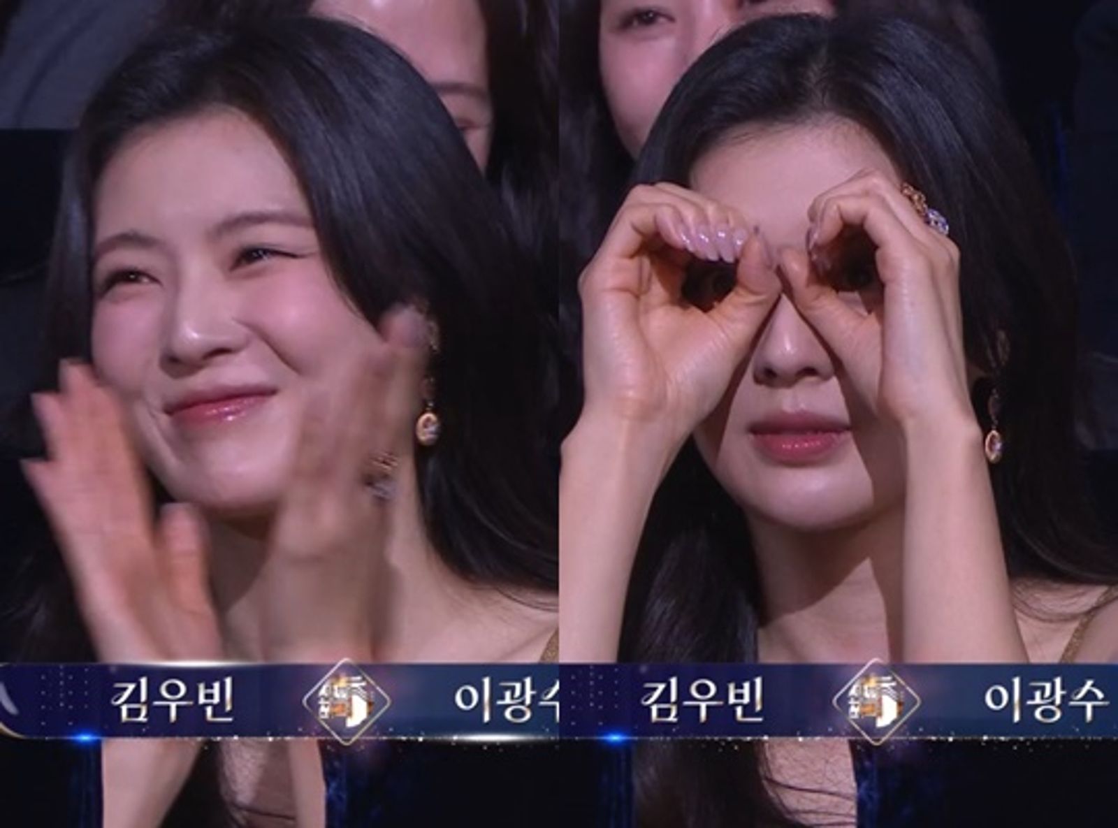 李先彬昨看到李光洙登場興奮拍手，還做出望遠鏡pose。翻攝青龍獎