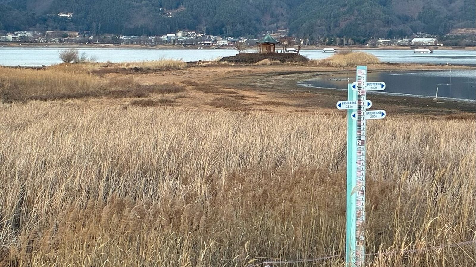 富士山河口湖要消失了?水位大幅降低變草地 睽違29年罕見狀況