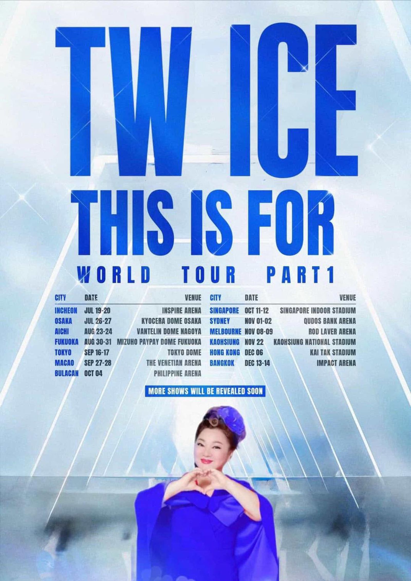 有著「TW ICE」封號的白冰冰,被網友拿來與TWICE的巡演海報圖做合成。翻攝FB@白冰冰(白雪嬅)