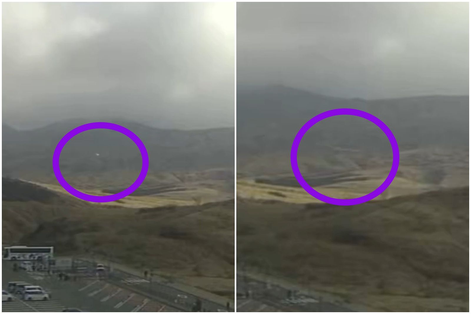 日本熊本縣阿蘇市一架觀光直升機墜毀，直播鏡頭疑捕捉到墜毀瞬間。圖／翻攝畫面