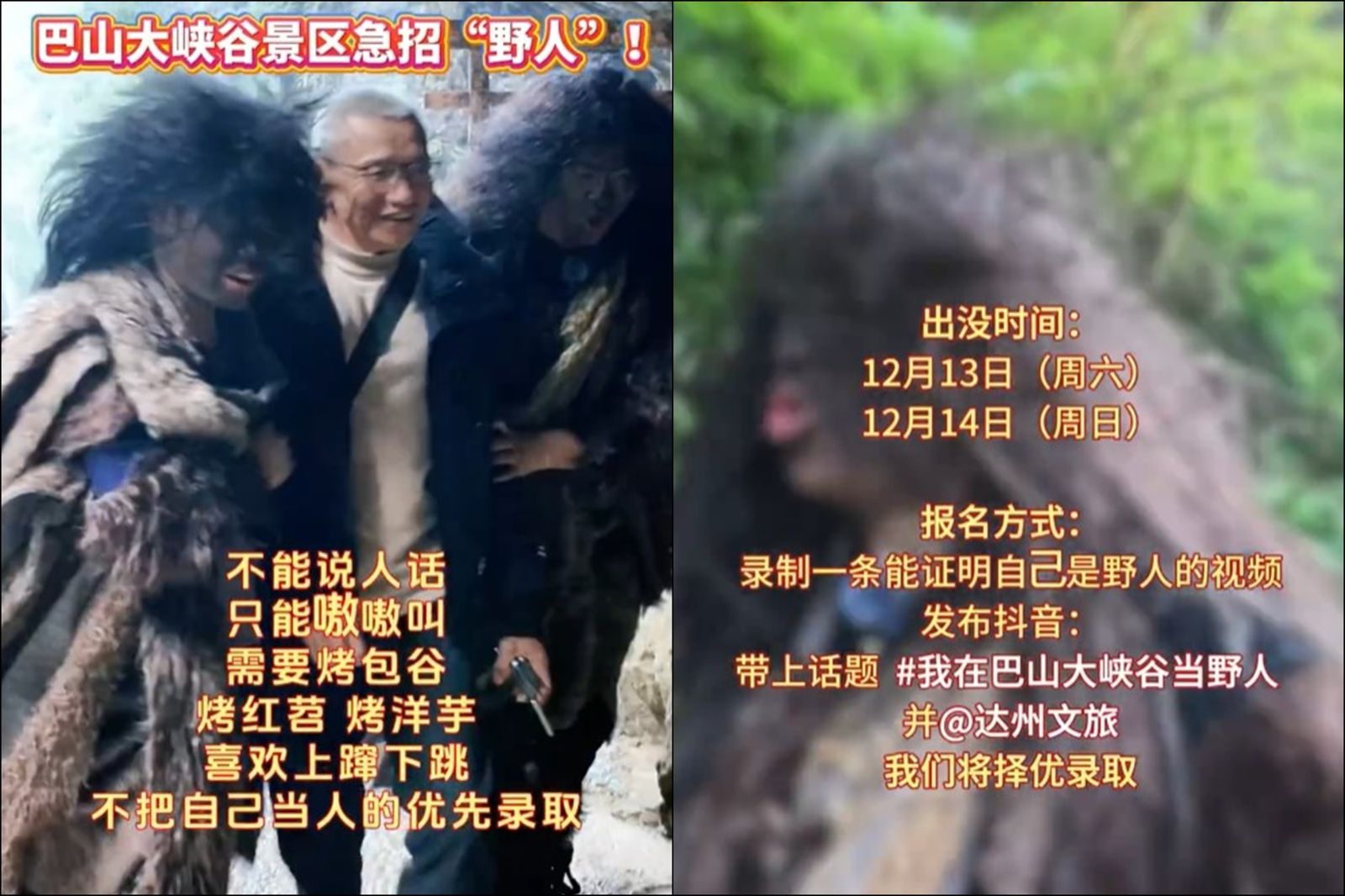 四川達州巴山大峽谷景區招聘「野人」。圖／翻攝自微博