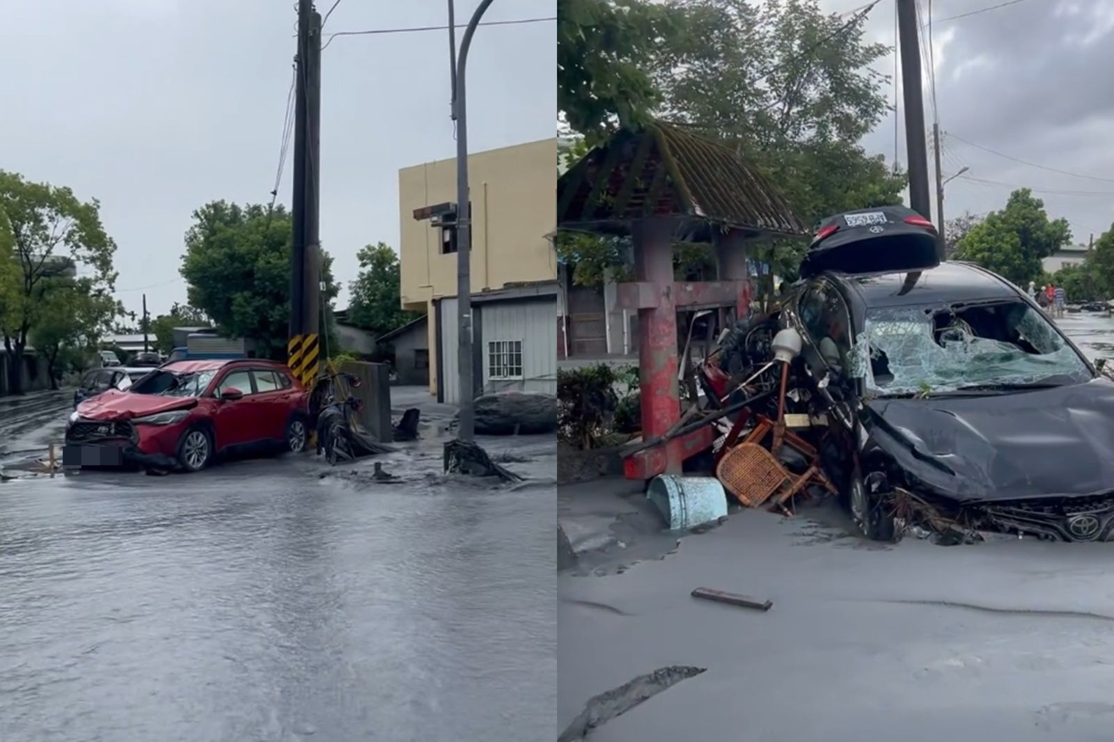 花蓮光復災情嚴重，車子被洪水和淤泥衝毀。圖／翻攝自Threads／weiweng_1112