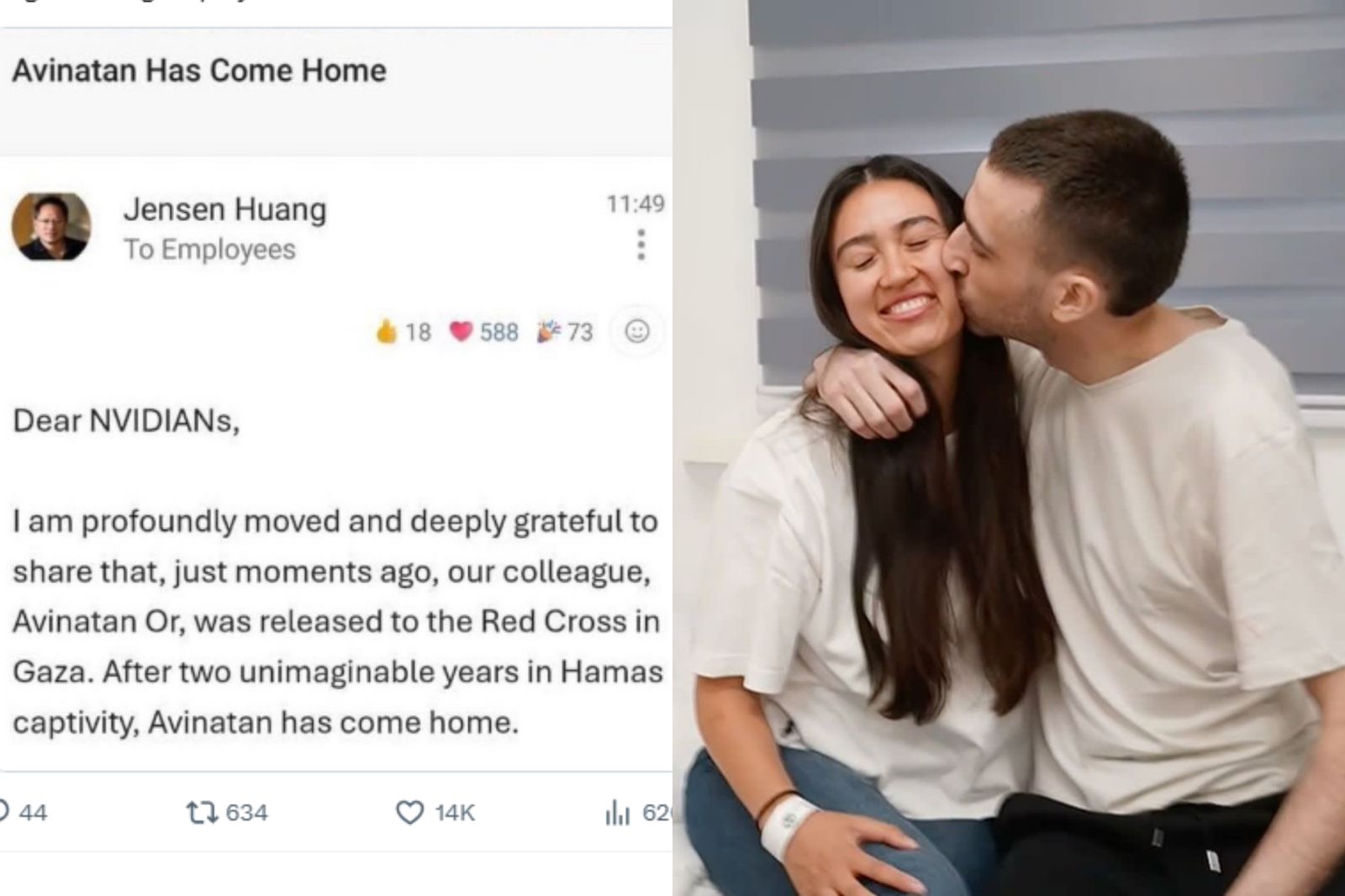 輝達員工被哈瑪斯囚禁738天終獲釋！黃仁勳激動發公司信　同事分享「好消息」：股票漲了
