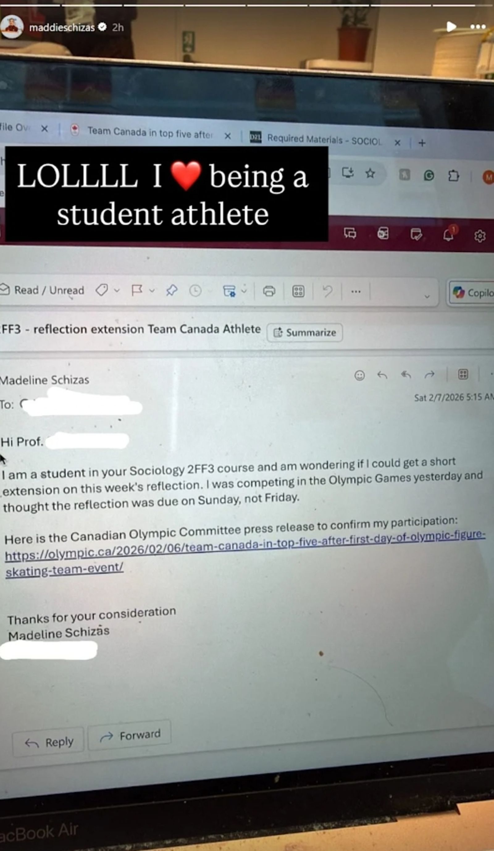 教授對席薩斯表示，「全國人民都在為你加油」。圖／翻攝自Madeline Schizas IG