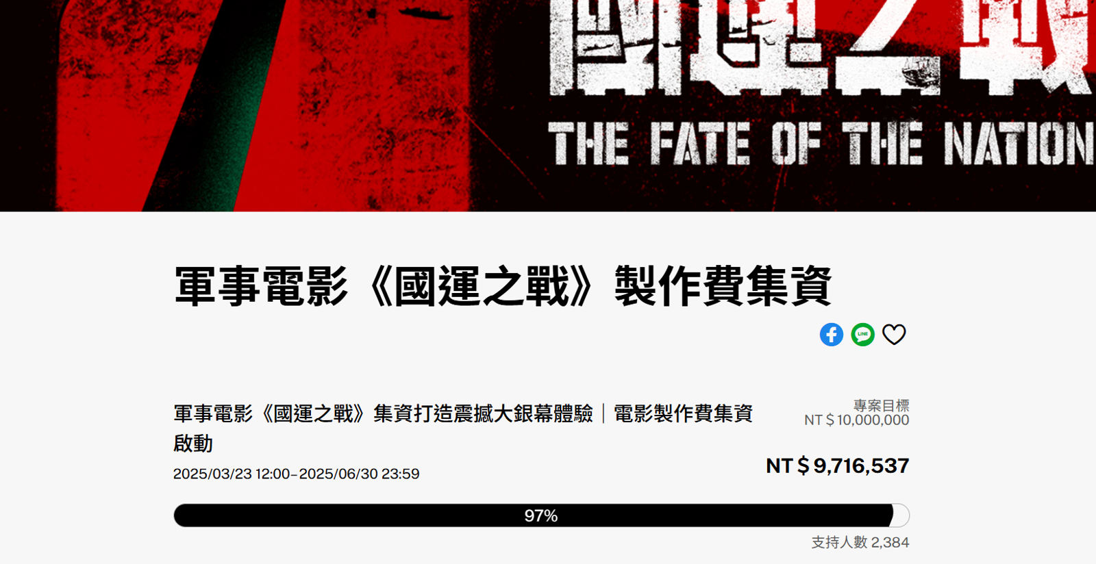 《國運之戰》募資至6月30日完成97%。翻攝《國運之戰》募資平台