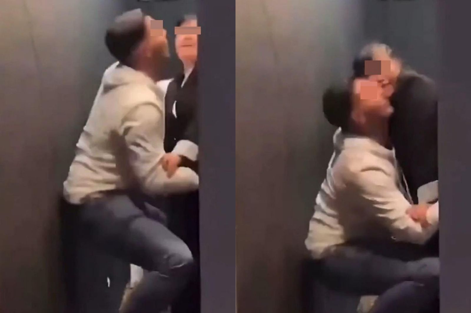 一名外籍男子喝醉酒，遭拍蹲在廁所地上強吻清潔阿姨。圖／翻攝畫面