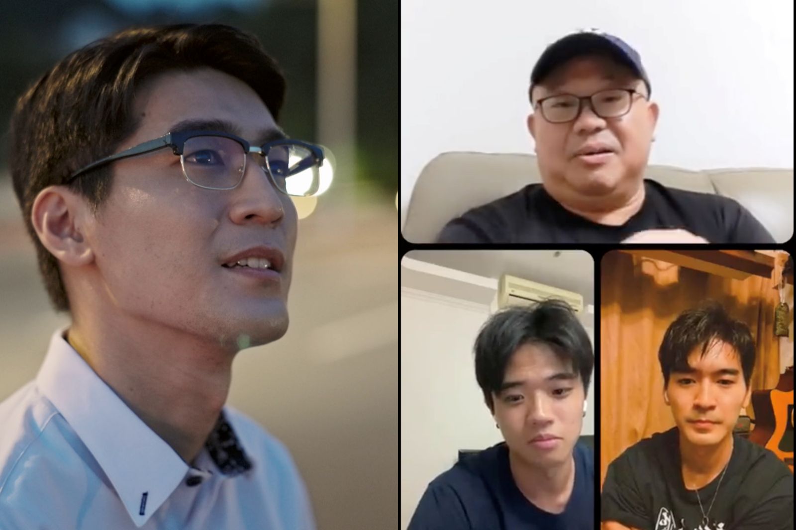 涂善存（右下右一）與林作賢本人（右上）、飾演少年林作賢的潘親御（右下右二）同框直播。大愛電視台提供