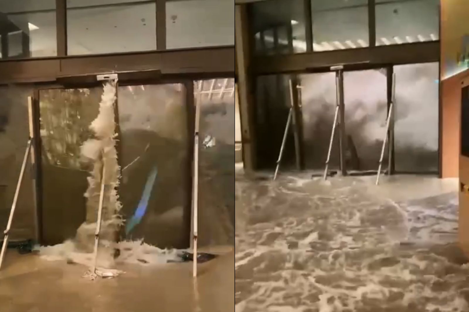 香港富麗敦海洋公園酒店玻璃門被洪水沖破。圖／翻攝自Threads